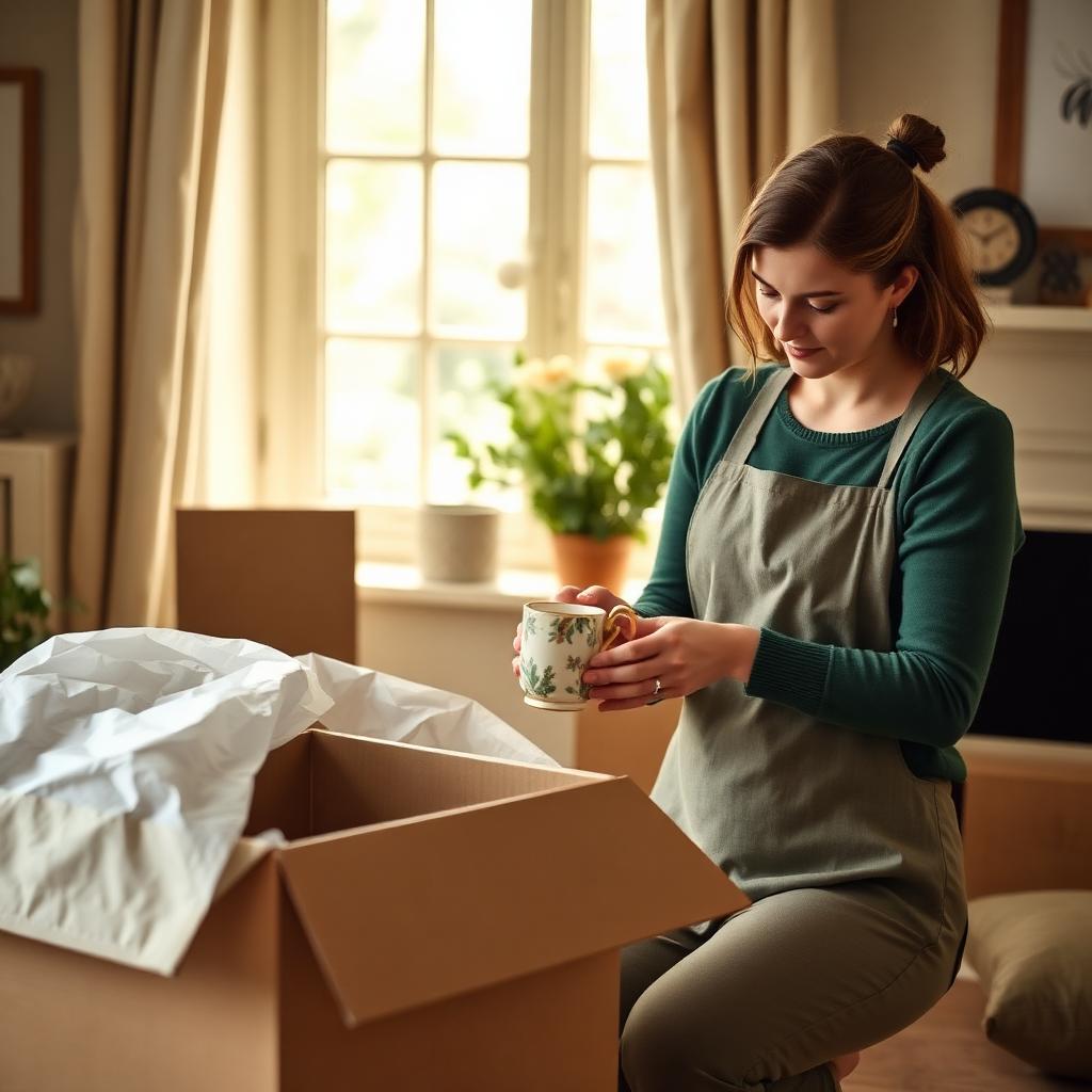 A helper carefully wrapping a china teacup in tissue paper beside an open moving box