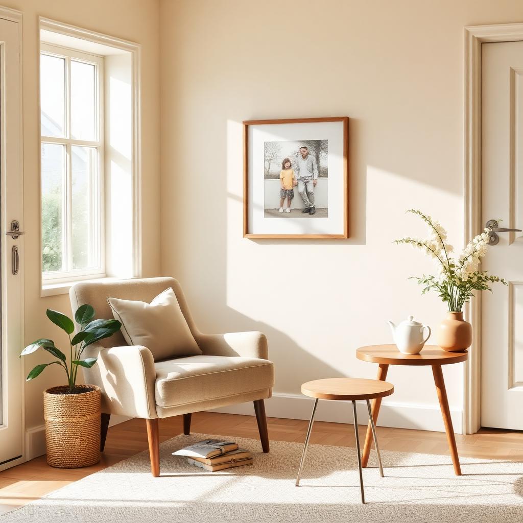 A welcoming new home interior with a favourite armchair, framed family photo and a warm teapot on a side table